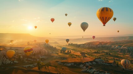 Naklejka premium Balloon Festival in a Wide Valley During Sunrise With Many Floating Hot-Air Balloons in the Clear Sky