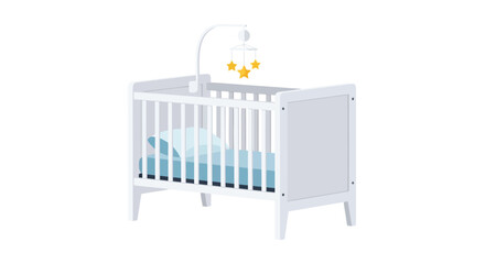 Modern white baby crib with blue bedding and star mobile