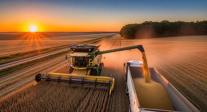 A combine harvester gathers crops in a vast field during golden sunrise, transferring grain into a truck. Modern agricultural machinery works during harvest season in warm sunlight.