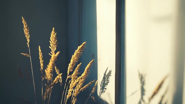 Golden dried plants glow in warm sunlight near a window, creating long shadows on the adjacent wall, evoking a sense of calm and natural light indoors