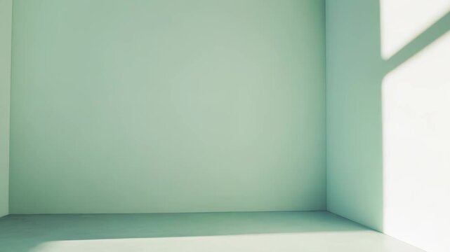 Bright light entering a clean, empty room with light green walls and a concrete floor, creating geometric shadows and highlighting the sense of spaciousness and new possibilities