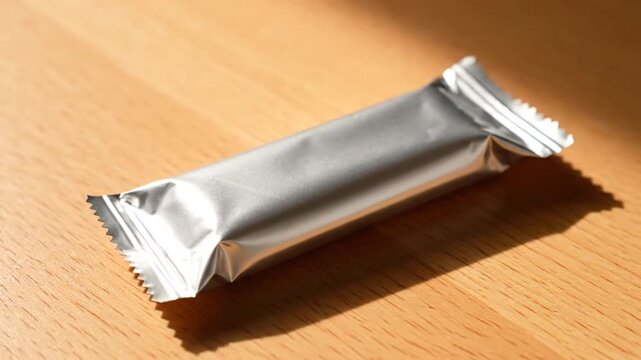 silver energy bar on wooden surface, healthy snack, food packaging