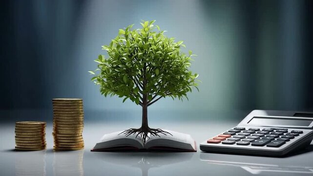 Conceptual image showing financial growth with a tree growing from a book.