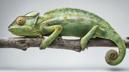 Obraz premium High-resolution green chameleon perched on branch against white background, cinematic lighting 35mm lens digital camera shot, detailed reptile material