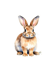 Fototapeta premium An illustration of a cute cartoon Easter bunny holding colorful Easter eggs against a white background