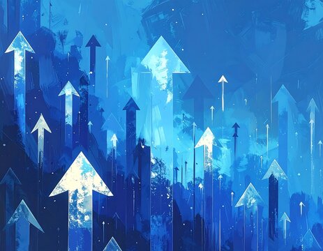 A blue-tinted cityscape with numerous white and black arrows pointing upwards