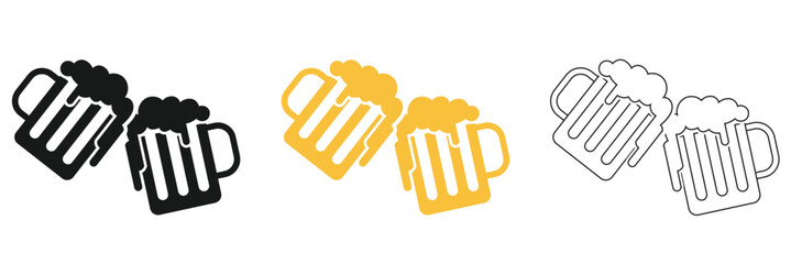 Fototapeta premium Two foaming beer mugs Icons in Different Styles. Set of beer mug icons in black, orange, and outline styles, showing clinking glasses symbolizing celebration, pub culture, and Oktoberfest themes.