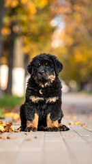 A black and brown puppy sits on a sidewalk amidst fallen leaves