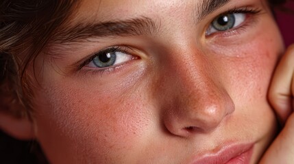 Close-up portrait of a young male with tousled hair and striking blue eyes, resting his chin on his hand against a softly blurred background