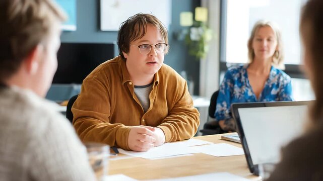 Person with Down syndrome participating in team meeting, inclusion  and equal opportunities in education or professional environments.