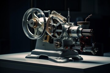 Fototapeta premium Intricate vintage engine model with gears and pistons showcasing mechanical precision on a dark background