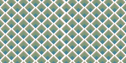 A seamless geometric pattern featuring nested diamonds in muted green, blue, and white, creating a repetitive and modern design.