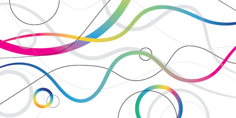 Abstract background with colorful gradient wavy lines and thin black circles creating a dynamic and modern design.