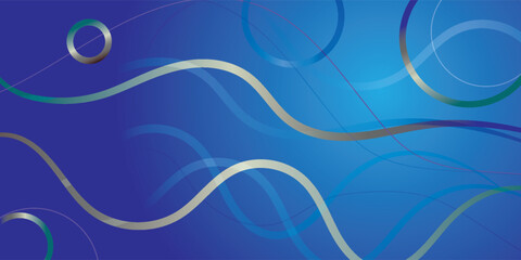 Abstract blue background with flowing silver wavy lines and metallic circles.