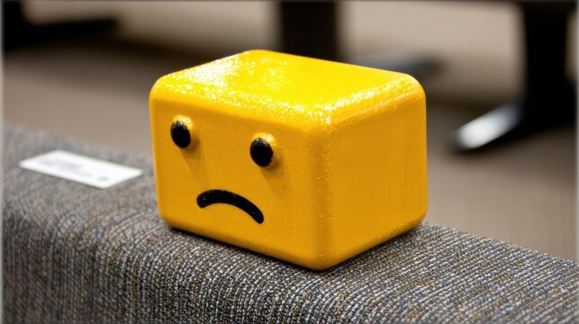 Sad Yellow Block Sits on Woven Surface Reflecting on Life's Disappointments