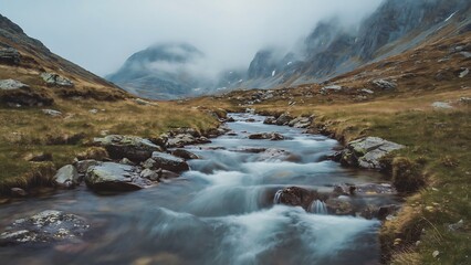Misty Mountain River Scene in Rugged Valley