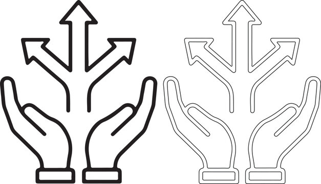 Vector illustration of hands with arrows pointing upwards and outwards, symbolizing growth, opportunity, and abundance in a simple design.