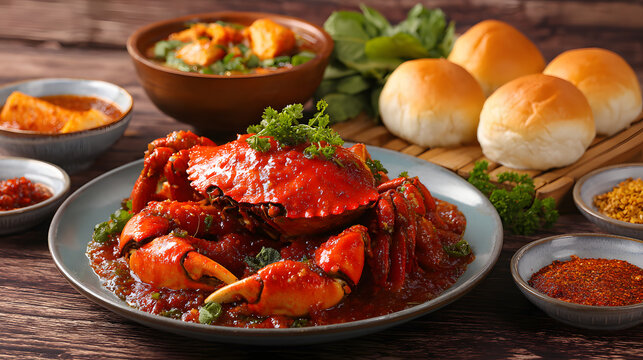 A plate of red crab with spicy red sauce on a wooden table background. Singapore food background illustration.
