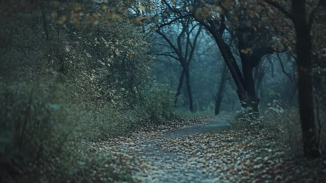 Leaf littered forest path fading into fog, autumn trees framing a quiet, moody trail that evokes solitude, mystery and a peaceful journey into the unknown