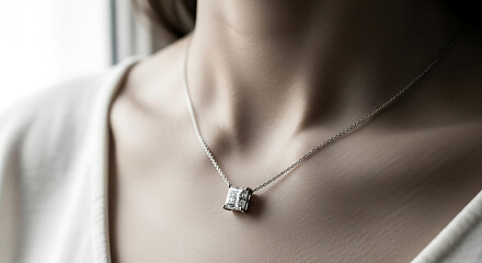 Woman wearing diamond pendant necklace luxury jewelry isolated on clean background high quality studio photo