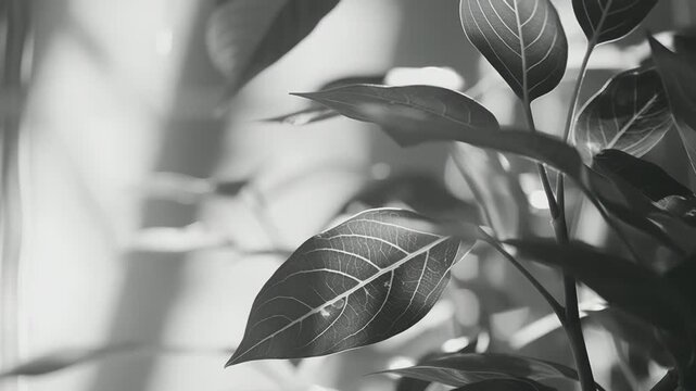 Plant leaves fill the frame, showing organic patterns and elegant lines, illuminated from behind by natural light in a soothing monochrome composition