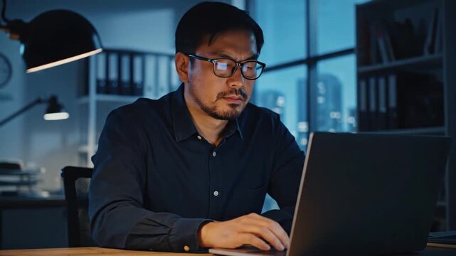 Man stressed at desk night.