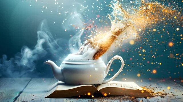 Magical Teapot Splashing Milk and Gold Sparkles on Open Book