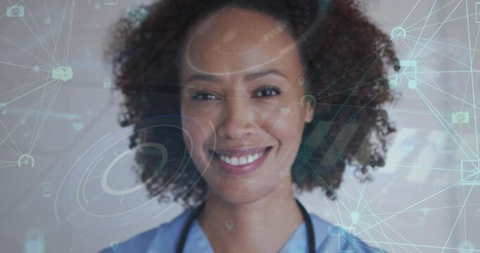 Animation of network of connections with icons over woman smiling at camera