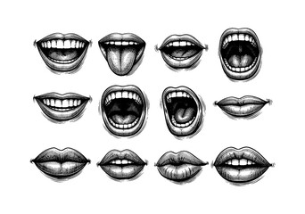 Hand drawn engraved vintage mouth expressions collection on white background