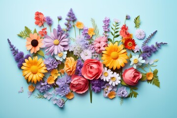 Obraz premium Vibrant handmade paper flowers arranged on a pastel blue background