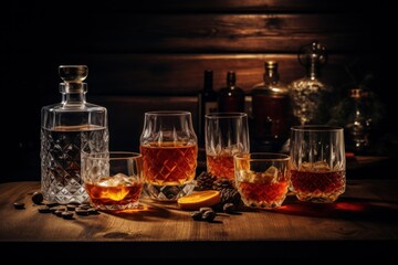 Amber whiskey in patterned glasses and a decanter arranged on a dark wooden bar surface