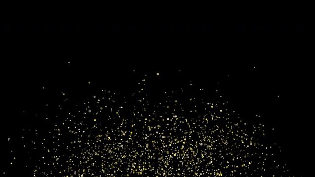 Single explosion that shoots golden confetti and glitters in the air and then gradually falls down. Transparent background, alpha channel. Overlay animation video with loop, 60 fps.