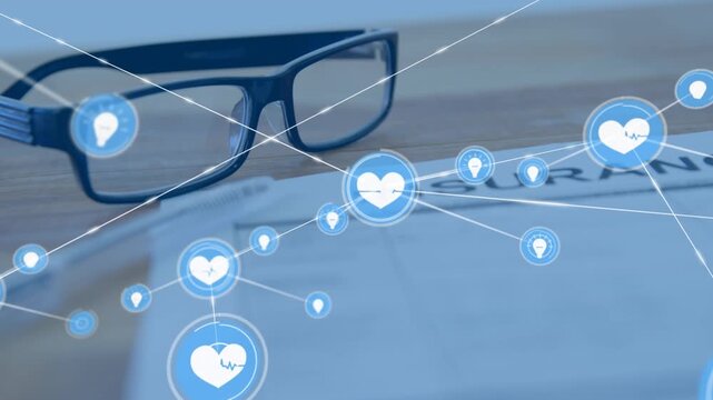 Animation of network of connections with icons over glasses and calendar