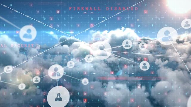 Animation of cyber attack warning, network of connections with people icons over sky with clouds