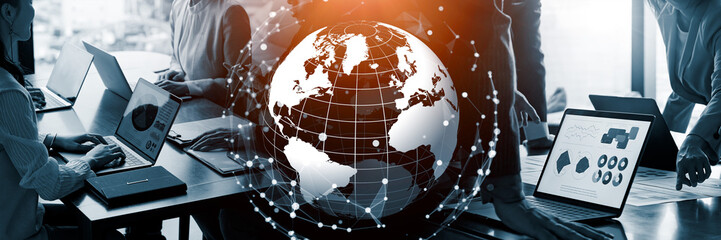 Business scene and global network concept. Wide angle visual for banners or advertisements.