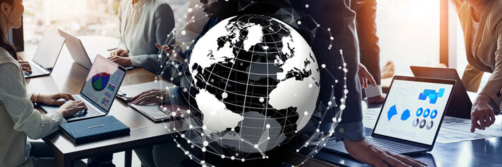 Business scene and global network concept. Wide angle visual for banners or advertisements.