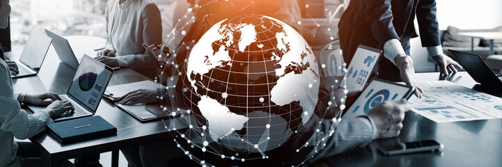 Business scene and global network concept. Wide angle visual for banners or advertisements.