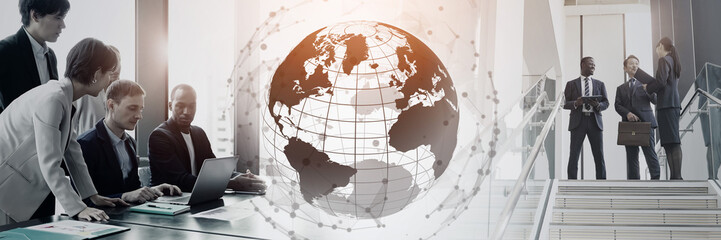Business scene and global network concept. Wide angle visual for banners or advertisements.