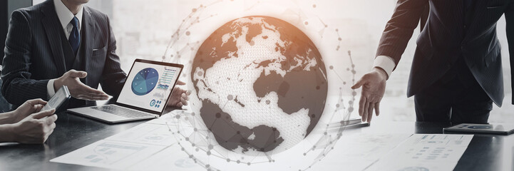 Business scene and global network concept. Wide angle visual for banners or advertisements.