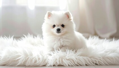 Obraz premium Adorable White Pomeranian Puppy on Fluffy Rug.