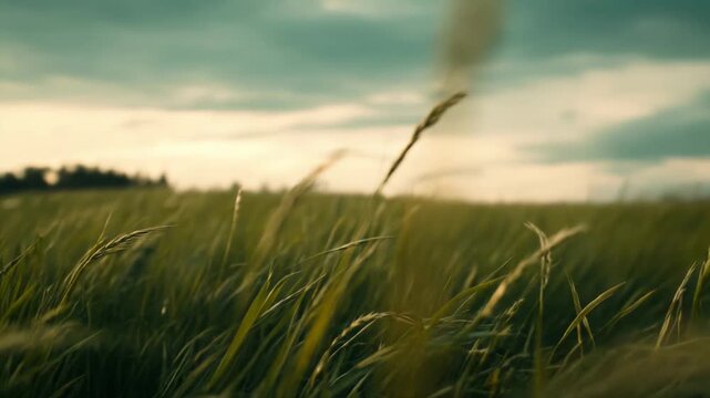 Wild tall grass sways gently in a vast field, catching the warm, soft golden sunlight under a tranquil sky, representing concepts of growth, nature, and the environment