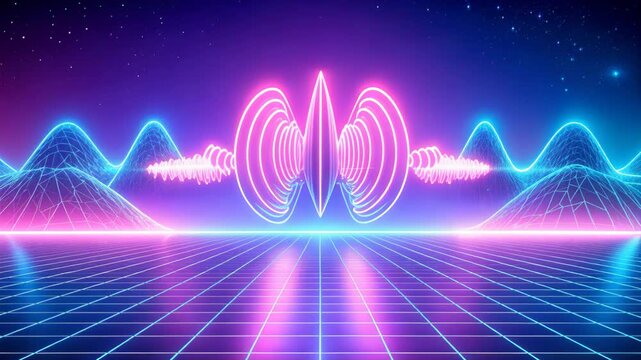 Synthwave neon grid soundscape with sound wave.