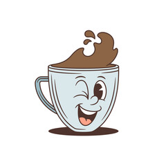 Winking cartoon coffee cup character. A great mascot for a coffee shop or brand. Retro comic style hot beverage vector illustration. Playful doodle art with a big coffee splash and a happy face