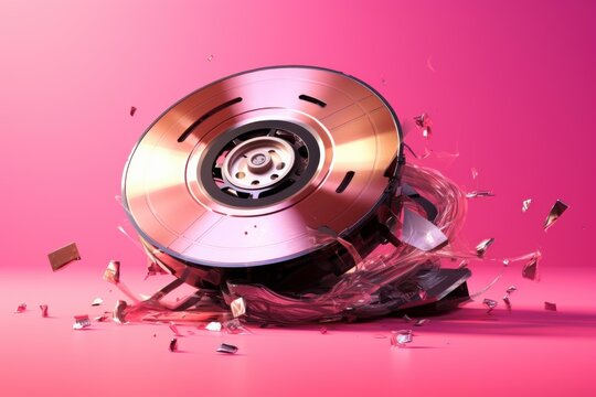 Damaged magnetic tape reel data storage technology shattering, representing data loss and obsolescence