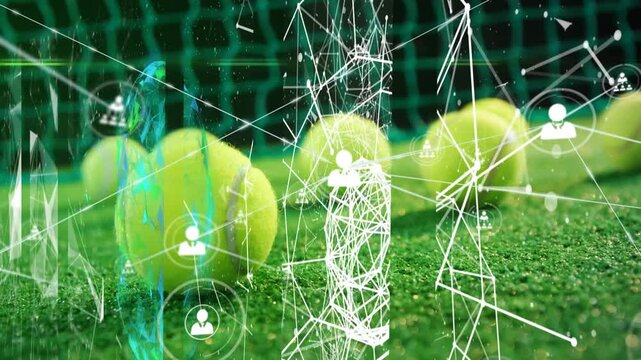 Animation of network of connections with people icons over tennis balls