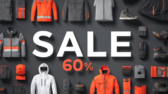 Assorted workwear and safety gear on display with a prominent 60 percent sale announcement