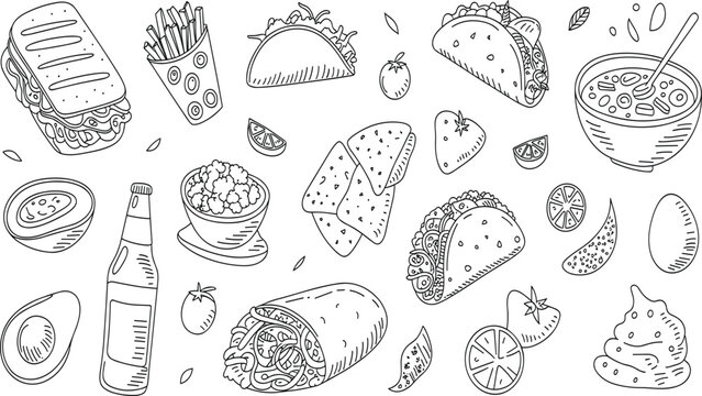 Hand drawn Mexican food doodle vector set, with tacos, burritos, and nachos, for restaurant menu design template