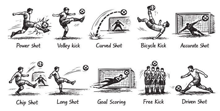 Hand drawn illustration depicting different soccer shot techniques, like power shot, volley kick, bicycle kick, and free kick for various sport concepts.