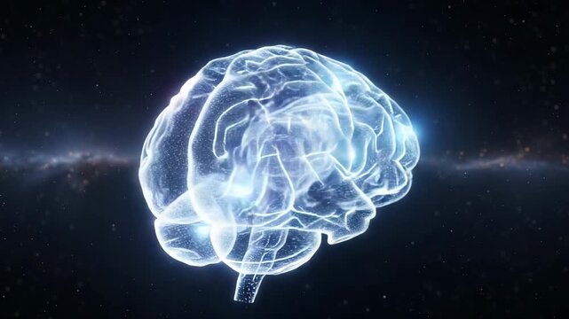 Transparent brain illustration with glowing lines in dark space  