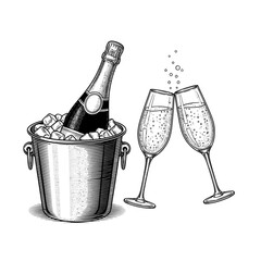 Champagne Bottle in Ice Bucket and Toasting Glasses, Hand Drawn Sketch © udin